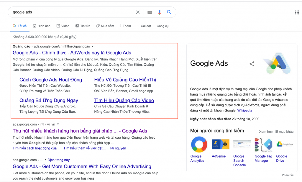 Hiển thị Google Ads trên kết quả tìm kiếm